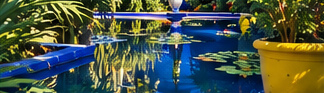 Leaves and a yellow pot reflected in a blue pool