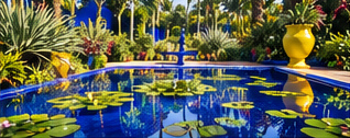 Water lilies and a yellow pot beside a blue pool